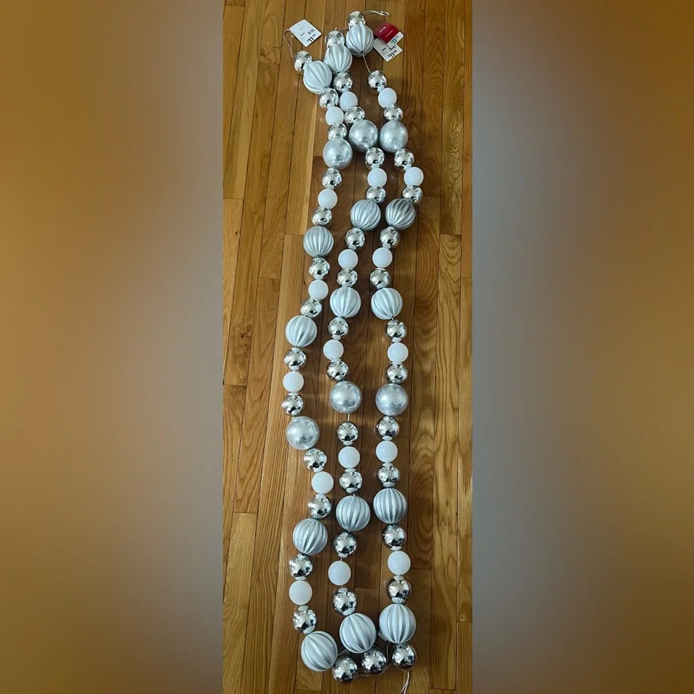 At home 6 ft winter balls silver white garland- set of 3